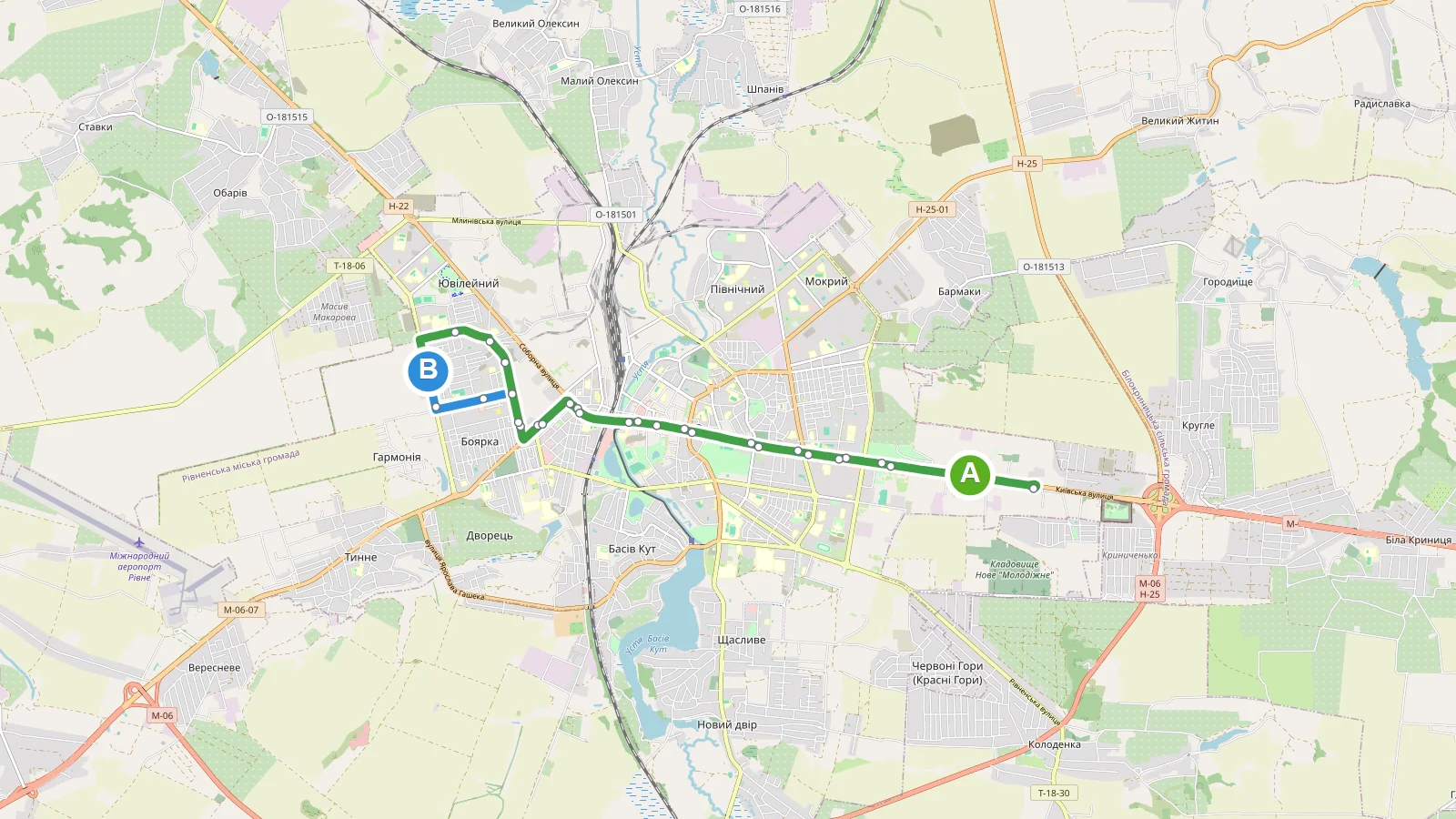 Карта маршруту Автобус 53 Рівне